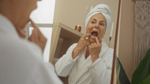 Woman examining her teeth closely in bathroom mirror